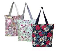 3 Pack Reusable Grocery Bags Foldable Washable Shopping Tote Bag with Top Zipper in Floral Pattern Heavy Duty Long Handles
