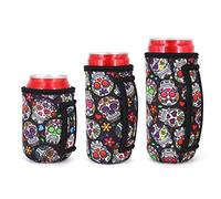 3 Pack Reusable Neoprene Insulated Can Sleeve with Handle for Soda, Energy drink, Pop, Beer, Hard Seltzer, Can Coosies For 12oz & 16oz Can, 12oz Slim can (Floral Sugar Skull(3Pack))