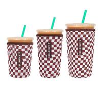 3 Pack Reusable Sleeve for Iced Coffee Cup, Coffee Neoprene Sleeve for Iced&Hot Drinks, Coffee Sleeve Compatible with Starbucks, Dunkin Coffee Cup. (Mocha Checker Board)