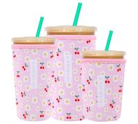 3 Pack Reusable Sleeve for Iced Coffee Cup, Coffee Neoprene Sleeve for Iced&Hot Drinks, Coffee Sleeve Compatible with Starbucks, Dunkin Coffee Cup. (Cherry&Daisy)