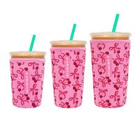 3 Pack Reusable Sleeve for Iced Coffee Cup, Coffee Neoprene Sleeve for Iced&Hot Drinks, Coffee Sleeve Compatible with Starbucks, Dunkin Coffee Cup. (Cherry&Bow)
