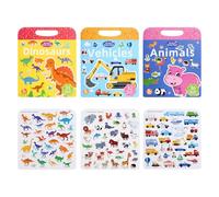 3 Pack Reusable Sticker Book Jelly Texture Sticker Books Toddlers Travel Toys Dinosaur Vehicle Animal Themes Sticker-Book Educational Learning Toy Stickers Birthday Gifts for Boys Girls Children