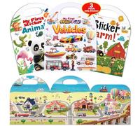 3-Pack Reusable Sticker Books for Toddlers 2-4 Years, Vehicles Truck, Animals & Farm Jelly Activity Stickers for Boys Girls Road Trip Airplane Train Travel Essentials Toy for Kids Birthday Gifts
