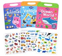 3 Pack Reusable Sticker Books, Reusable Sticker Books Set - Dinosaur, Vehicle, Animal Themes, Portable Travel Toys Car Plane Activities, for Early Educational Learning
