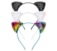 3 Pack Reversible Sequin Cat Ears Headband Shiny Cat Ear Hair Hoops Cute Bling Kitty Hairbands Festival Decoration Hair Accessories for Women Girls Party Halloween