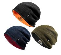 3 Pack Reversible Winter Fleece Lined Beanie Hats for Men Women Warm Windproof Cotton Stretchy Knitted Skull Caps, Black+Khaki Grey+red, One Size