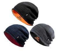 3 Pack Reversible Winter Fleece Lined Beanie Hats for Men Women Warm Windproof Cotton Stretchy Knitted Skull Caps, Black+Mix Grey+red, One Size