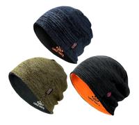 3 Pack Reversible Winter Fleece Lined Beanie Hats for Men Women Warm Windproof Cotton Stretchy Knitted Skull Caps, Black+blue+khaki, One size