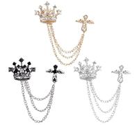 3 Pack Rhinestone Brooch Lapel Pin Chain Set, Crown & Wing Rhinestone Pins with Tassel - Gold Silver Black Collar Chains for Shirts, Suits & Tuxedo Accessories - Men Women Formal Brooches