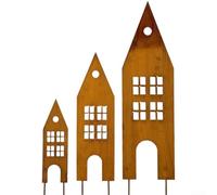 3 Pack Rustic Metal House Silhouette Garden Stakes | Wrought Iron Castle Lawn Ornaments with Weathered Bronze Finish | Outdoor Yard Decor for Flower Beds | Patio(Three castles)