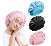 3 Pack Satin Bonnet, Night Sleep Caps with Wide Elastic Band, Silk Wrap, Soft Head Cover Sleeping Hat for Women and Girls Curly Hair (Pink,Black,Blue)