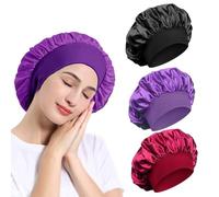 3 Pack Satin Bonnet, Night Sleep Caps with Wide Elastic Band, Silk Wrap, Soft Head Cover Sleeping Hat for Women and Girls Curly Hair (Red,Black,Purple)