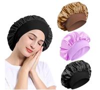 3 Pack Satin Bonnet, Night Sleep Caps with Wide Elastic Band, Silk Wrap, Soft Head Cover Sleeping Hat for Women and Girls Curly Hair (Purple,Black,Gold)