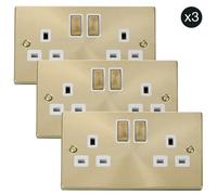 3 Pack - Satin / Brushed Brass 2 Gang 13A Dp Ingot Twin Double Switched Plug Socket - White Trim - Se Home