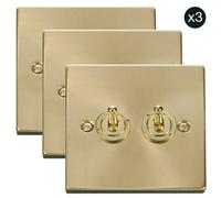 3 Pack - Satin / Brushed Brass 2 Gang 2 Way 10Ax Toggle Light Switch - Se Home