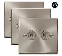 3 Pack - Satin / Brushed Chrome 2 Gang 2 Way 10Ax Toggle Light Switch - Se Home