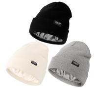 3 Pack Satin Lined Beanie Hats for Women Men Winter Silk Lined Soft Warm Knit Cuffed Beanies Cotton Crochet Slouchy Skull Cap, Black+White+Light Grey, One Size