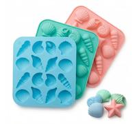 3-Pack Seashell Silicone Molds, Ocean Theme Mold Set for Chocolate, Candy, Ice Cubes, Soap & Resin Crafts, Beach Shell Starfish Shapes, Blue Green Pink