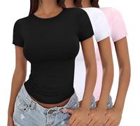 3 Pack Short Sleeve Tops For Women Uk 2025 Fashion Solid Color Crew Neck Shirt Summer Lightweight Slim Fit Y2K Basic Tops Soft Comfortable Double Lined Top Stretch Tight Crop Tee Pullover T-Shirts