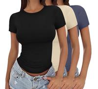 3 Pack Short Sleeve Tops For Women Uk 2025 Fashion Solid Color Crew Neck Shirt Summer Lightweight Slim Fit Y2K Basic Tops Soft Comfortable Double Lined Top Stretch Tight Crop Tee Pullover T-Shirts