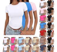 3 Pack Short Sleeve Tops For Women Uk 2025 Fashion Solid Color Crew Neck Shirt Summer Lightweight Slim Fit Y2K Basic Tops Soft Comfortable Double Lined Top Stretch Tight Crop Tee Pullover T-Shirts
