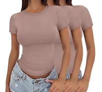 3 Pack Short Sleeve Tops For Women Uk 2025 Fashion Solid Color Crew Neck Shirt Summer Lightweight Slim Fit Y2K Basic Tops Soft Comfortable Double Lined Top Stretch Tight Crop Tee Pullover T-Shirts