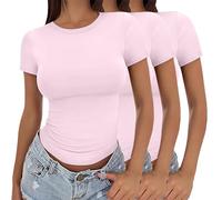 3 Pack Short Sleeve Tops For Women Uk 2025 Fashion Solid Color Crew Neck Shirt Summer Lightweight Slim Fit Y2K Basic Tops Soft Comfortable Double Lined Top Stretch Tight Crop Tee Pullover T-Shirts