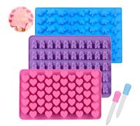 3 Pack Silicone Chocolate Molds, Reusable Candy Baking Mold Ice Cube Trays Candies Making Supplies with 2 Droppers, Nonstick Silicone Gummy Molds Including Mini Dinosaur, Hearts, Bear Shape