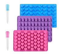 3 Pack Silicone Chocolate Molds, Reusable Candy & Ice Cube Trays, Mini Dinosaur, Hearts, Bear Shapes with Droppers