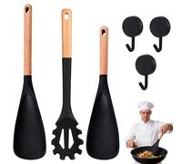 3 Pack Silicone Cooking Spoon and Pasta Fork Set,Multifunction Spatula Cooking Spoons for Cooking and Serving,Nonstick Cedar and Ash Spoon Ideal for Stirring, Mixing, Serving