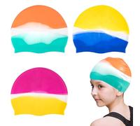 3 Pack Silicone Swimming Cap Kids Durable and Odour Free Swim Hat 3D Ergonomic Design Anti-Slip Waterproof Elastic Swim Cap for Long Hair Adults Girls Boys Teens Children Bathing Swimming