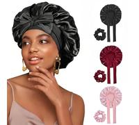3 Pack Silk Sleep Cap with Scrunchies Adjustable Satin Soft Sleep Cap for Women Hair Protection for Night