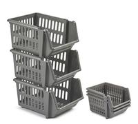 3 Pack Silver Plastic Stacking Storage Baskets Rectangular Clip Together Organiser For Home Office And Kitchen 18Cm
