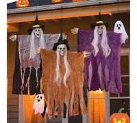 3 Pack Skeleton Ghosts Hanging Spooky Decor with White Hair Witch Hats Outdoor Halloween Decorations for Haunted House Party Flying Bone-Chilling Phantom Props Gift BlackV5.