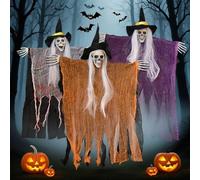 3 Pack Skeleton Ghosts Hanging Spooky Decor with White Hair Witch Hats Outdoor Halloween Decorations for Haunted House Party Flying Bone-Chilling Phantom Props Gift BlackV3.