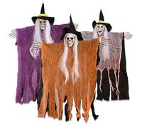 3 Pack Skeleton Ghosts Hanging Spooky Decor with White Hair Witch Hats Outdoor Halloween Decorations for Haunted House Party Flying Bone-Chilling Phantom Props Gift BlackV6.