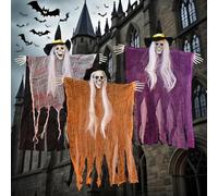 3 Pack Skeleton Ghosts Hanging Spooky Decor with White Hair Witch Hats Outdoor Halloween Decorations for Haunted House Party Flying Bone-Chilling Phantom Props Gift BlackV4.