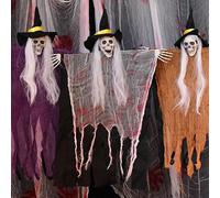 3 Pack Skeleton Ghosts Hanging Spooky Decor with White Hair Witch Hats Outdoor Halloween Decorations for Haunted House Party Flying Bone-Chilling Phantom Props Gift BlackV1.