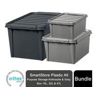 3 Pack SmartStore Plastic All Purpose Storage Grey Boxes, 14L, 32L and 47L - Plastic All Purpose Storage Box