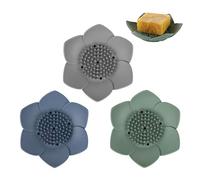 3 Pack Soap Dish Holder, Bar Soap Tray with Drain, Lotus Silicone Soap Saver Case for Shower Bathroom (Blue, Green, Grey)