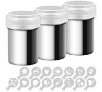 3 Pack Stainless Steel Powder Shaker, Coffee Cocoa Dredges with Fine-Mesh Lid, AIFUDA Power Can for Baking Cooking Home Restaurant with 16 Pcs Printing Molds Stencils