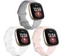 [3 Pack] Strap Compatible for Fitbit Versa 3 Strap / Fitbit Sense Strap, Soft Silicone Strap for Fitbit Versa 3 / Fitbit Sense Smart Watch (Grey/Pink/White, Large)