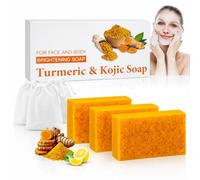3 Pack Turmeric & Kojic Acid Soap with 3 Foaming Nets - Natural Brightening Bar with Lemon for Face & Body - Fades Dark Spots, Acne, Hyperpigmentation, Vitamin C for Even Skin Tone