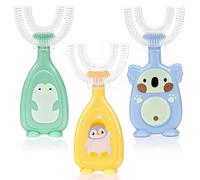 [3 Pack] U-Shaped Toothbrush for Children 2-6 Years Old, Silicone Bristles, 360° Oral Cleaning Massages Gums and Provides, Complete Manual, BPA Free (2-6 Years (Green))