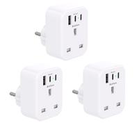 [3 Pack] UK to European Plug Adapter with 3 USB Ports(2 USB C), EU Schuko Travel Adaptor for Germany France Spain Turkey Russia Iceland Greece Poland Portugal Austria Netherlands(Type E/F)
