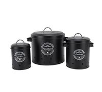 3 Pack Vegetable Storage Tins, Potato Onion Garlic Storage Canister, Farmhouse Potatoes Holder Kitchen Storages Canisters, with Fitted Lid and Sturdy Handle, for Kitchen (Black)