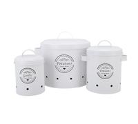 3 Pack Vegetable Storage Tins, Potato Onion Garlic Storage Canister, Farmhouse Potatoes Holder Kitchen Storages Canisters, with Fitted Lid and Sturdy Handle, for Kitchen (White)