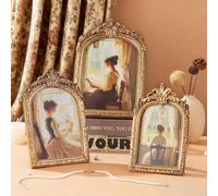 3 Pack Vintage Resin Picture Frames, 6/7/8 Inch Gold Arched Frames with Carved Design, Baroque Ornate Resin Photo Frames for Home Decor, Photo Display & Wedding