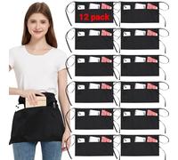 3 Pack Waist Apron with 3 Pockets, Black Waitress Waiter Aprons for Women Man, Water Resistant Server Aprons Long Straps Bistro Apron for Chef Restaurant Work Bar (12, Black - 23.62''X11.81'')