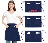 3 Pack Waist Apron with 3 Pockets, Navy Blue Waitress Waiter Aprons for Women Man, Water Resistant Server Aprons Long Straps Bistro Apron for Chef Restaurant Work Bar (3, Navy Blue - 27.56''X 18.11'')